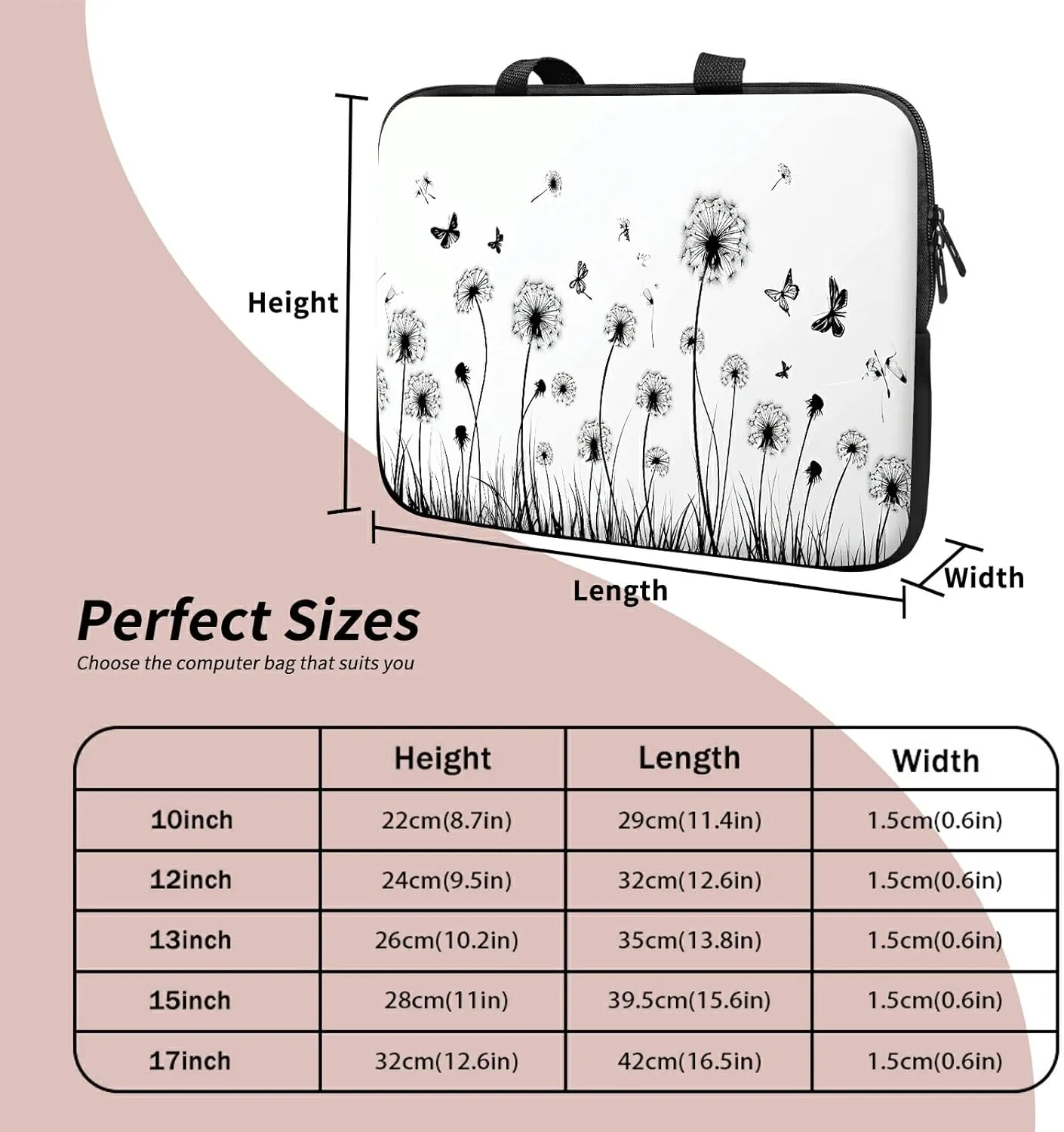 Laptop Sleeve Case Bag 13 inch, Dandelion and Butterfly Slim Carrying Case Durable Handbag Travel Laptop Bag for 13 inch MacBook Air M3/M2/Pro M2/ 13" iPad Pro/Air M4/M2 2024
