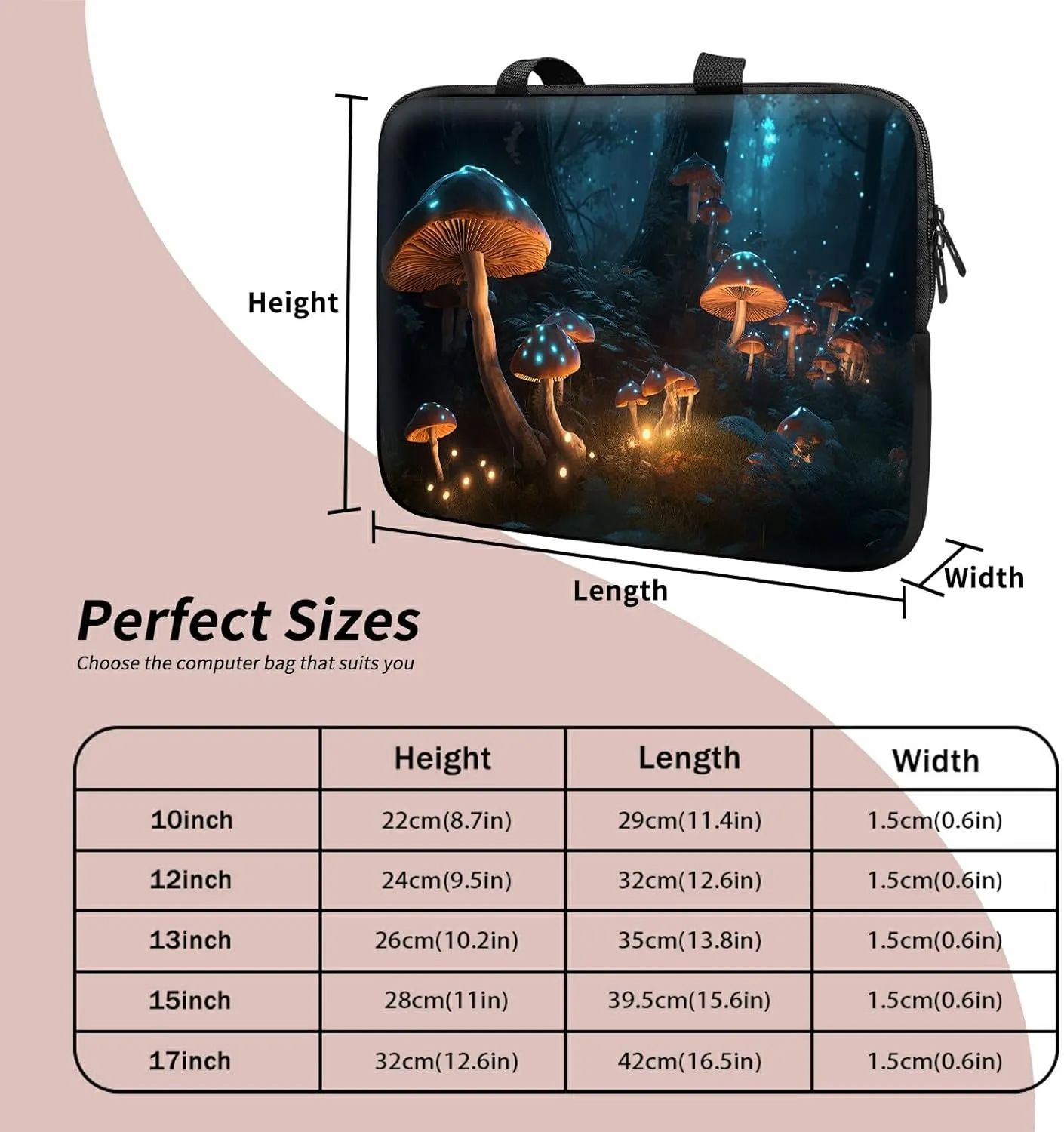 Laptop Sleeve Case Bag 15 inch, Mysterious Mushroom Slim Carrying Case Durable Handbag Travel Laptop Bag for 15 inch MacBook Air M3/M2/15 Pro/Surface Laptop 7/6/5/4/3/ Dell XPS 15 Plus