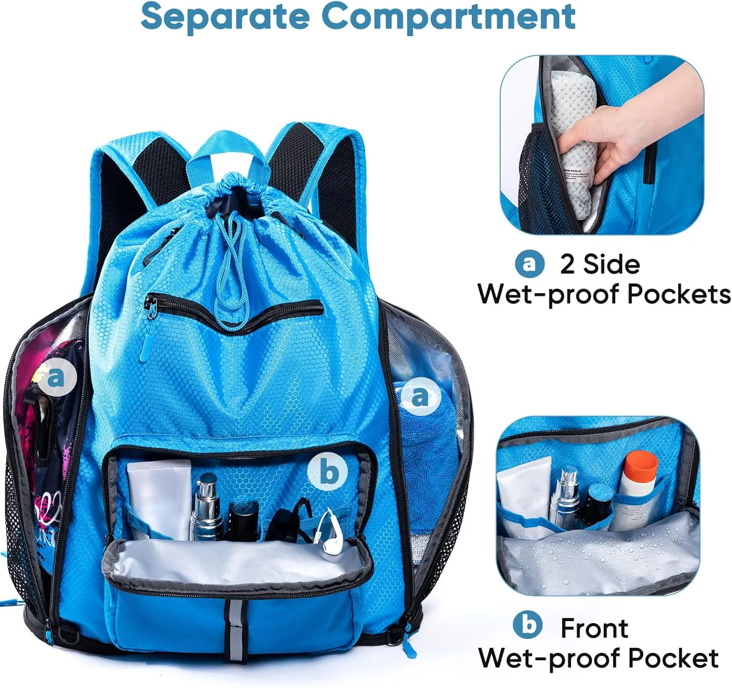 Large Beach Backpack Waterproof Sandproof - Customized Oversized Drawstring Pool Bag with Shoe Compartment for Toiletries, Towels, Gym, Travel