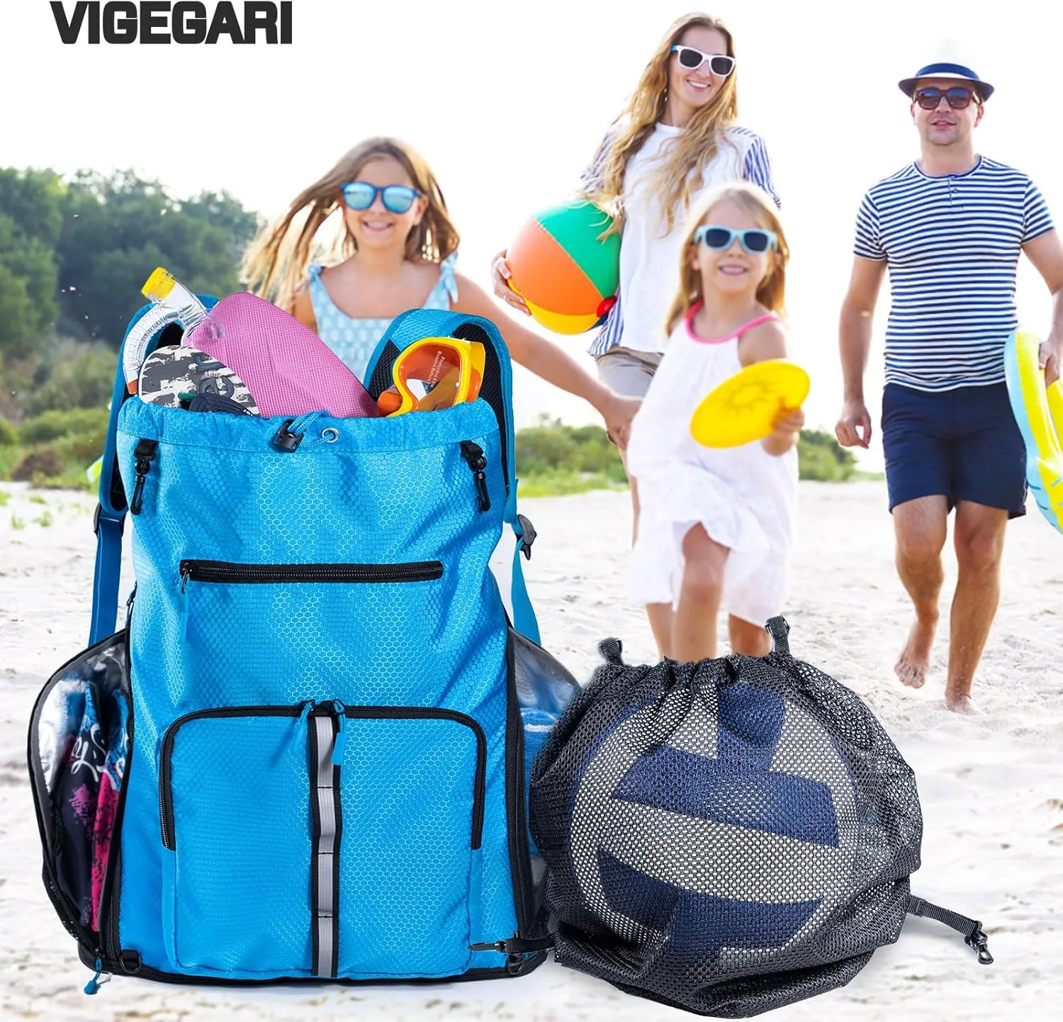 Large Beach Backpack Waterproof Sandproof - Customized Oversized Drawstring Pool Bag with Shoe Compartment for Toiletries, Towels, Gym, Travel