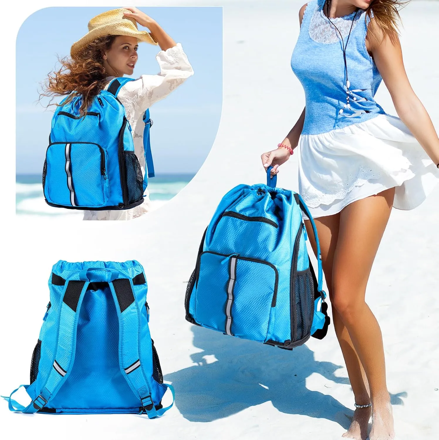 Large Beach Backpack Waterproof Sandproof - Customized Oversized Drawstring Pool Bag with Shoe Compartment for Toiletries, Towels, Gym, Travel