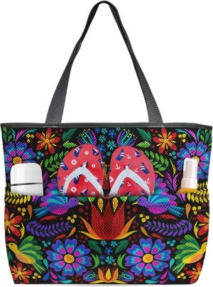 Large Beach Bag, Colorful Mexican Outdoor Waterproof Mesh Tote Handbag with Pockets for Women, Abstract Art Floral Birds Tribe Ethnic Lightweight Travel Bags for Pool Vacation