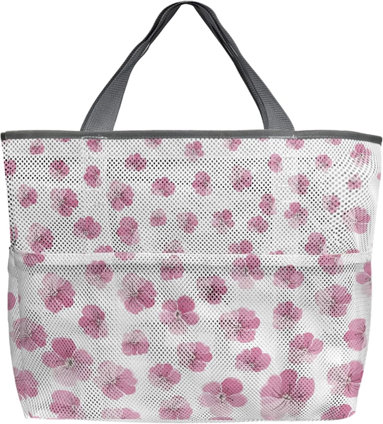 Large Beach Bag for Women, Spring Floral Mesh Beach Tote with Pockets, Pastoral Pink Ombre Flowers Botanical Filling Travel Toy Bag for Toys, Towel, Flip Flops