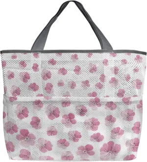 Large Beach Bag for Women, Spring Floral Mesh Beach Tote with Pockets, Pastoral Pink Ombre Flowers Botanical Filling Travel Toy Bag for Toys, Towel, Flip Flops
