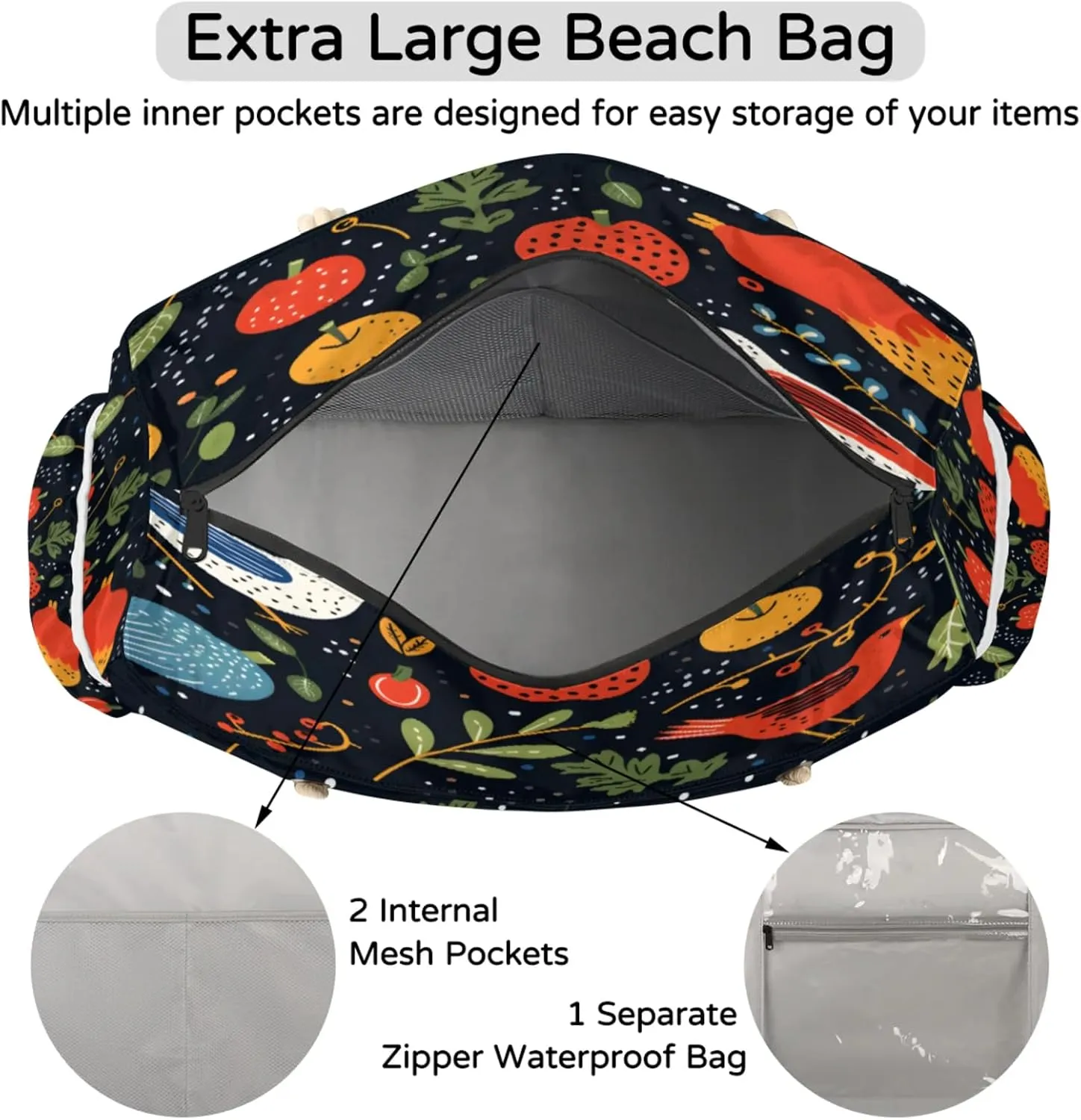 Large Beach Bags for Women and Men, Waterproof Tote with Zipper, Reusable Grocery Shopping Shoulder Bag