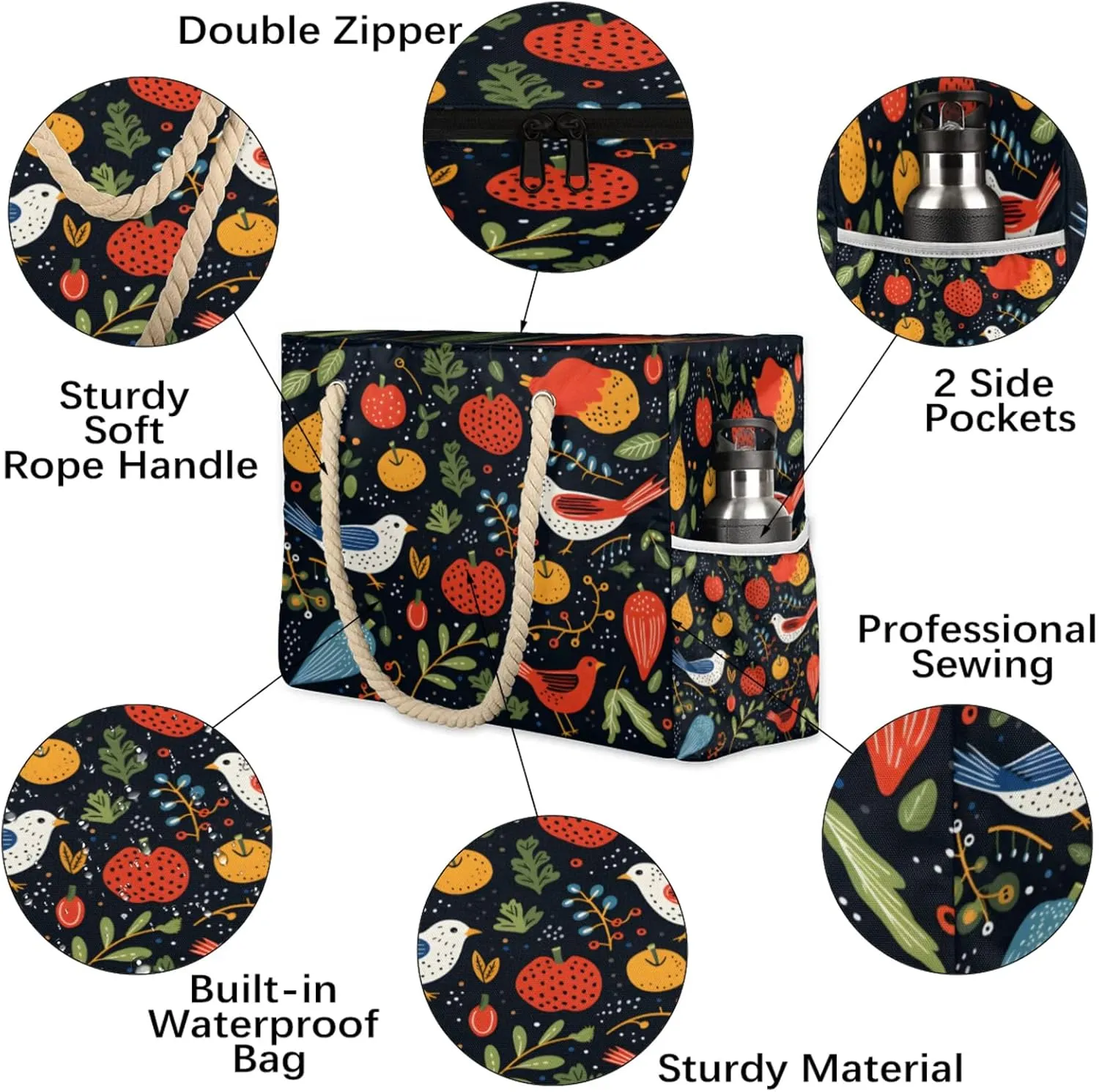 Large Beach Bags for Women and Men, Waterproof Tote with Zipper, Reusable Grocery Shopping Shoulder Bag