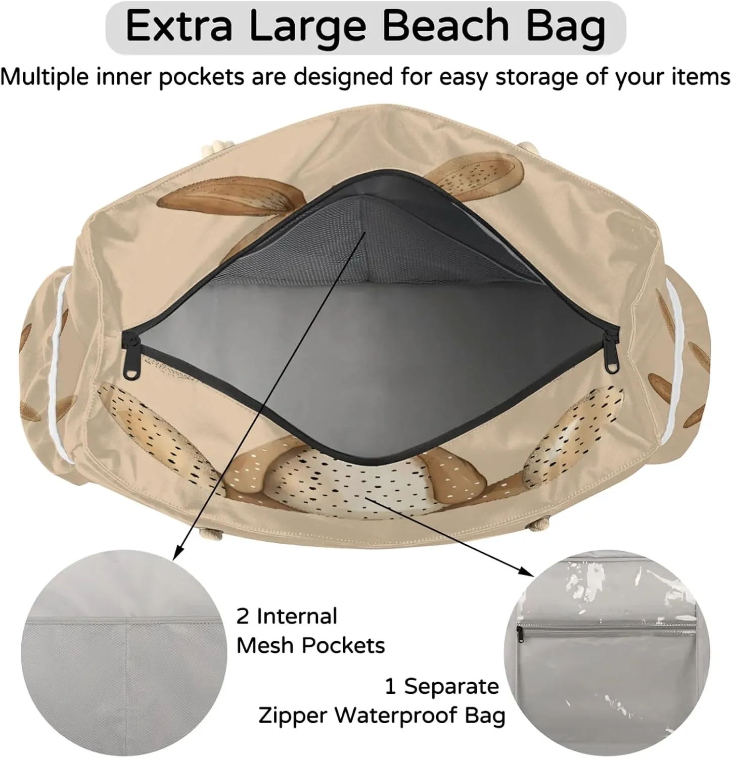 Large Beach Bags for Women with Zipper Beach Tote Bag Waterproof Sandproof Gym Swim Pool Grocery Travel Bag