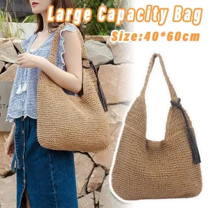 Large Capacity Fashion Woven Straw Shoulder Bag Simple Design for Everyday Use