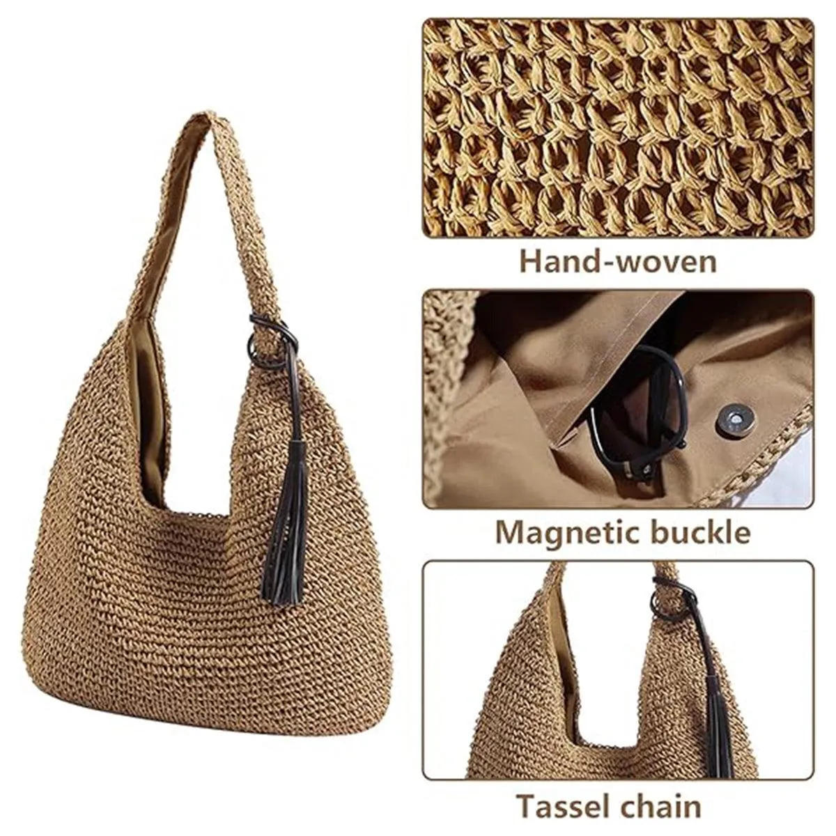 Large Capacity Fashion Woven Straw Shoulder Bag Simple Design for Everyday Use