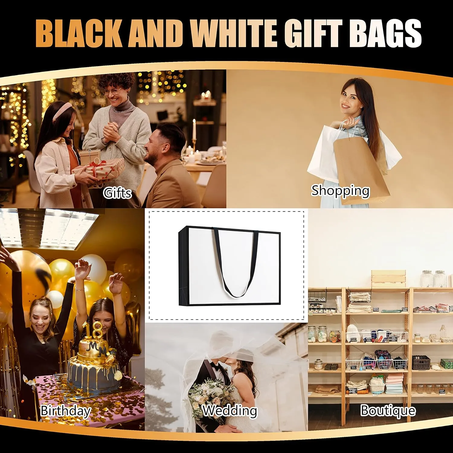 Large Gift Bags, 10Pcs 16"x6"x12" Extra Large Gift Bags, Black and White Gift Bags with Handles, Big Gift Bags for Shopping, Wedding, Party