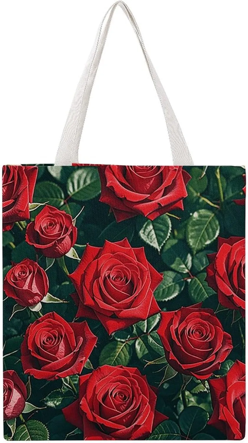 Large Grocery Bags Beach Tote Red Rose Romantic Shopping Bag for Women Shoulder Bag for Travel Work Handbag