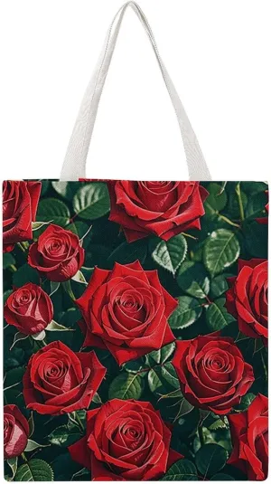 Large Grocery Bags Beach Tote Red Rose Romantic Shopping Bag for Women Shoulder Bag for Travel Work Handbag