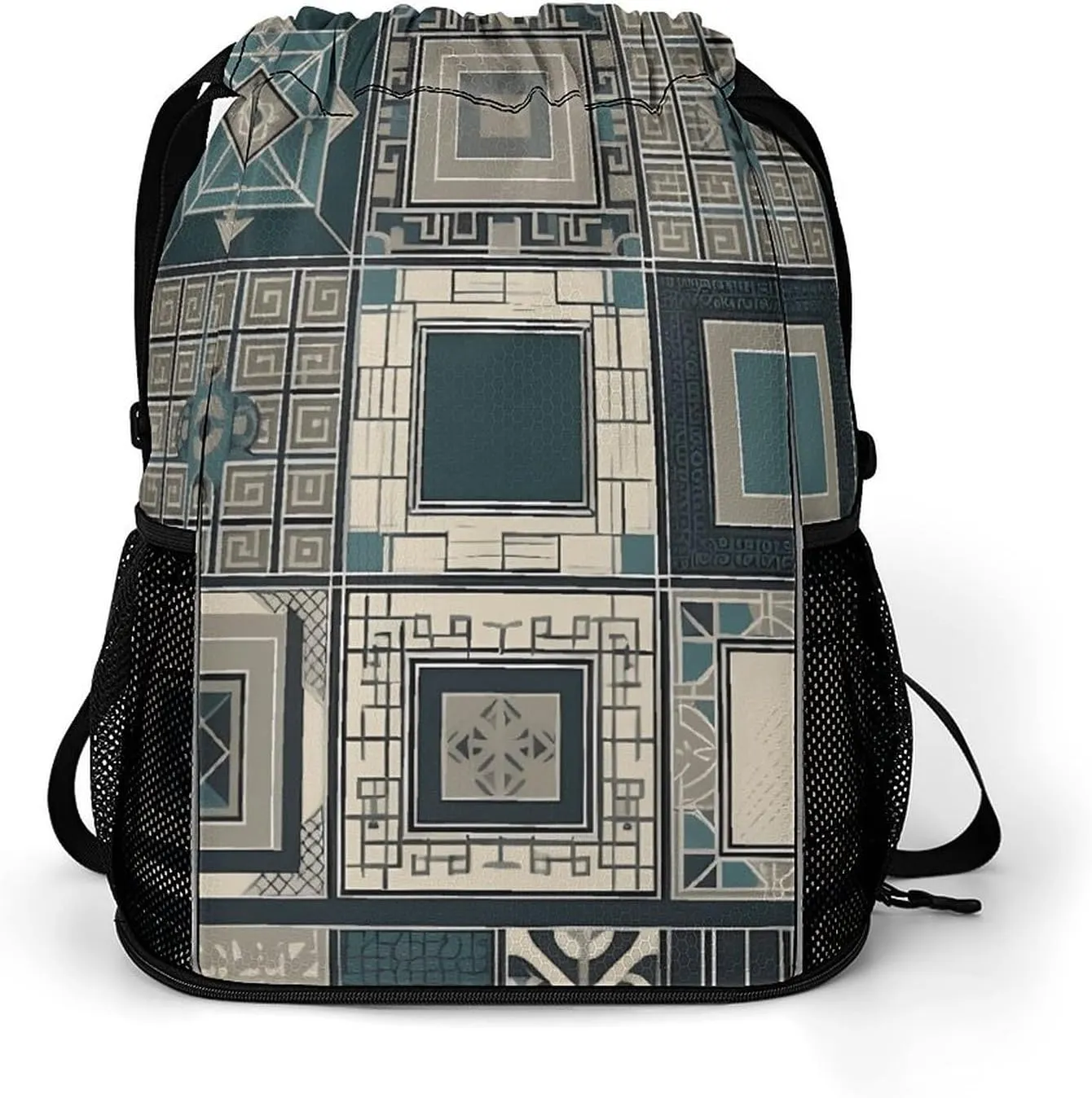 Large Sports Drawstring Backpack Blue Square Pattern Printed with Dry-Wet Separation | Digital Print Gym Sack | Waterproof Fabric | Shoe Compartment & PVC Pocket | Hydration Mesh for Fitness, Travel,