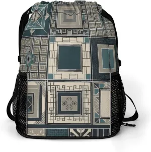 Large Sports Drawstring Backpack Blue Square Pattern Printed with Dry-Wet Separation | Digital Print Gym Sack | Waterproof Fabric | Shoe Compartment & PVC Pocket | Hydration Mesh for Fitness, Travel,
