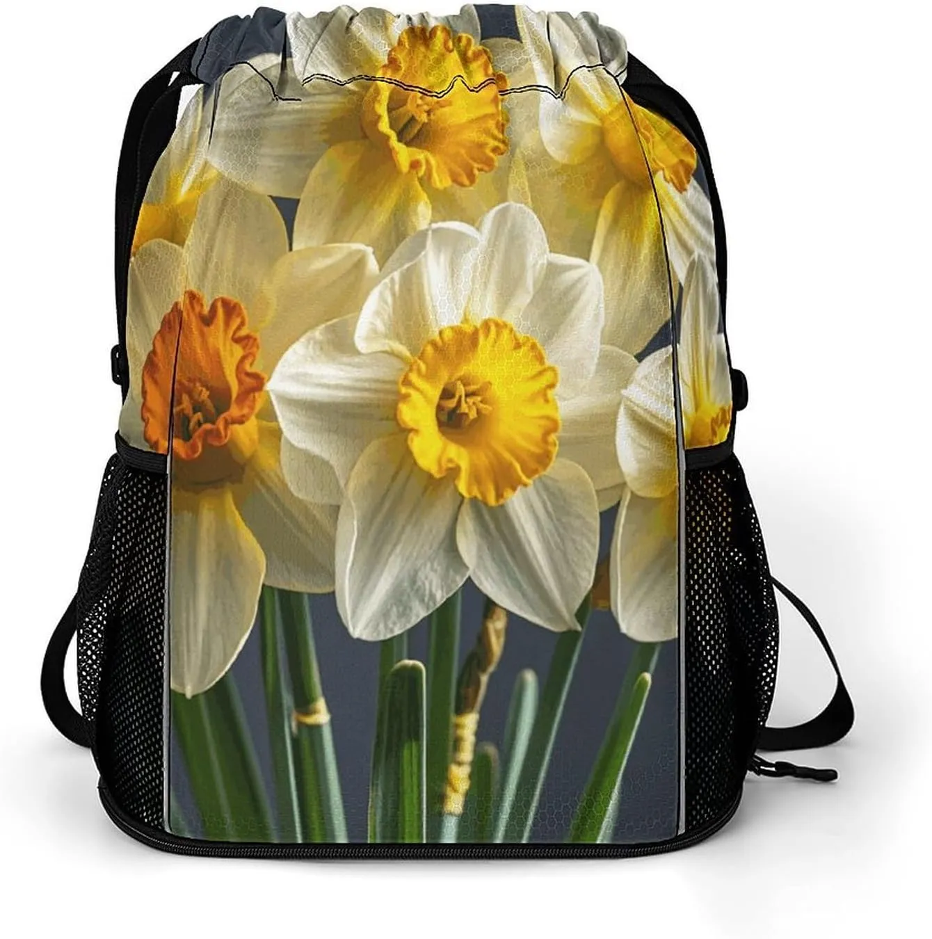 Large Sports Drawstring Backpack Bouquet of Daffodils Printed with Dry-Wet Separation | Digital Print Gym Sack | Waterproof Fabric | Shoe Compartment & PVC Pocket | Hydration Mesh for Fitness, Travel,