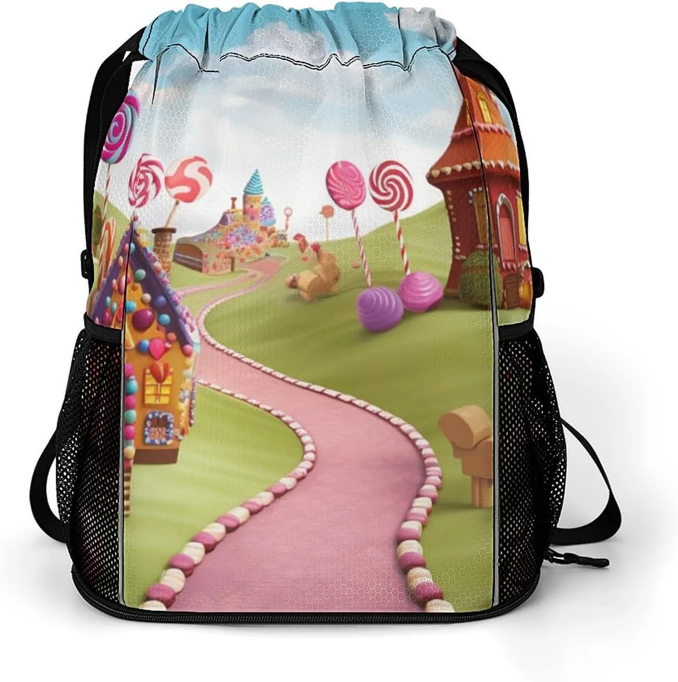 Large Sports Drawstring Backpack Candy Land Printed with Dry-Wet Separation | Digital Print Gym Sack | Waterproof Fabric | Shoe Compartment & PVC Pocket | Hydration Mesh for Fitness, Travel, Work