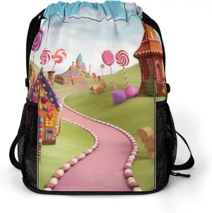 Large Sports Drawstring Backpack Candy Land Printed with Dry-Wet Separation | Digital Print Gym Sack | Waterproof Fabric | Shoe Compartment & PVC Pocket | Hydration Mesh for Fitness, Travel, Work
