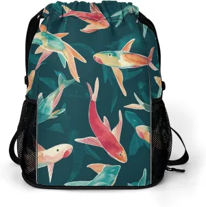 Large Sports Drawstring Backpack Cyan Fish Pattern Printed with Dry-Wet Separation | Digital Print Gym Sack | Waterproof Fabric | Shoe Compartment & PVC Pocket | Hydration Mesh for Fitness, Travel, Wo