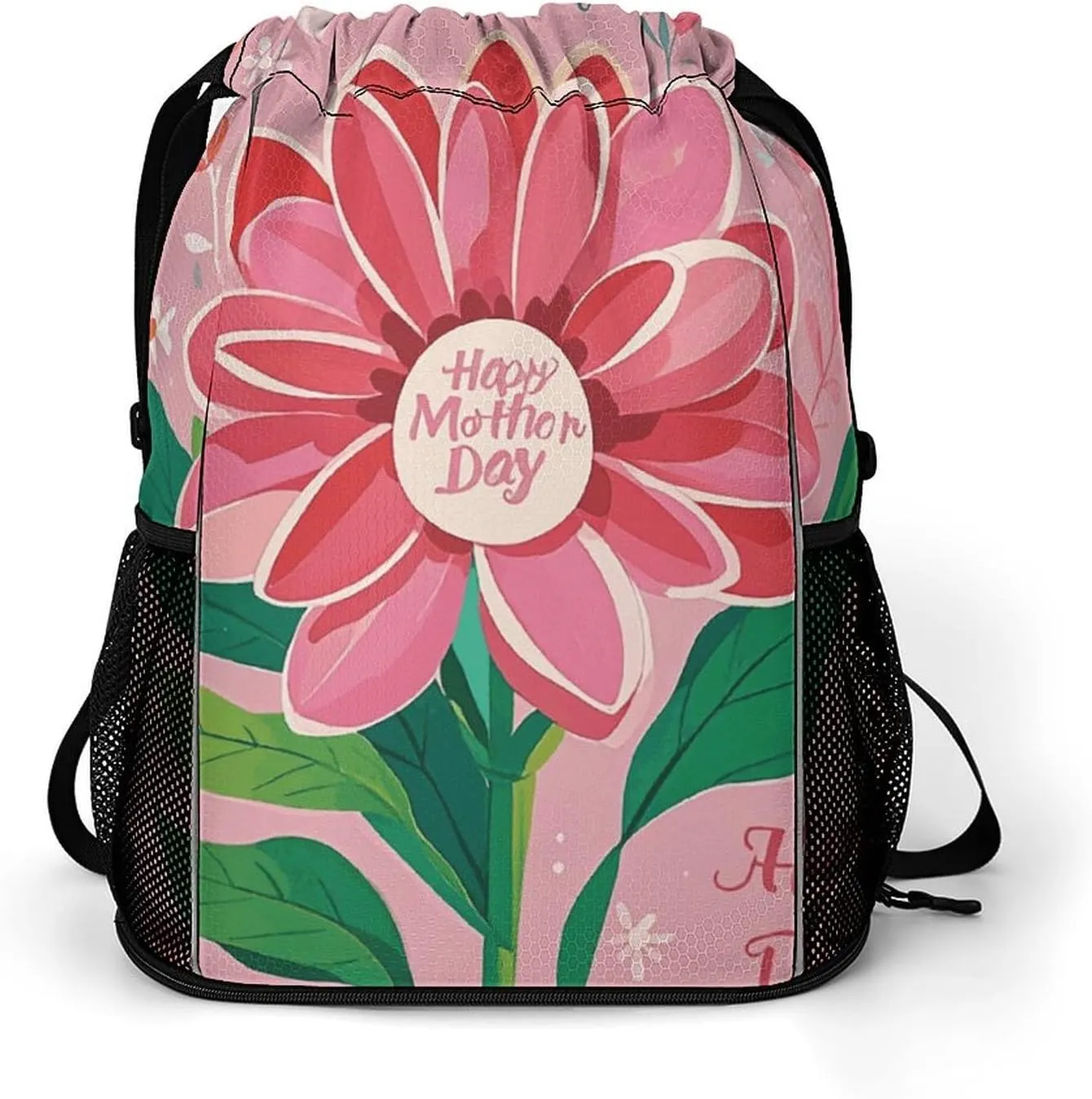 Large Sports Drawstring Backpack Happy Mother Day Printed with Dry-Wet Separation | Digital Print Gym Sack | Waterproof Fabric | Shoe Compartment & PVC Pocket | Hydration Mesh for Fitness, Travel, Wor