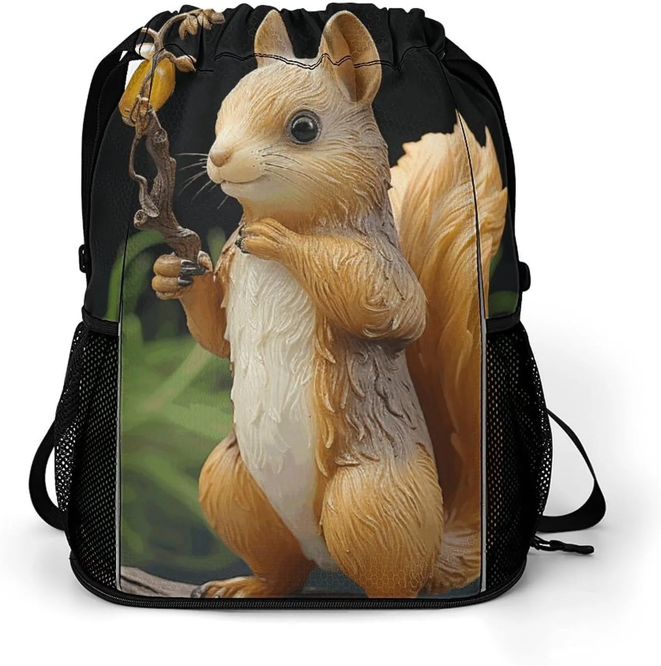 Large Sports Drawstring Backpack Resin Squirrel Printed with Dry-Wet Separation | Digital Print Gym Sack | Waterproof Fabric | Shoe Compartment & PVC Pocket | Hydration Mesh for Fitness, Travel, Work