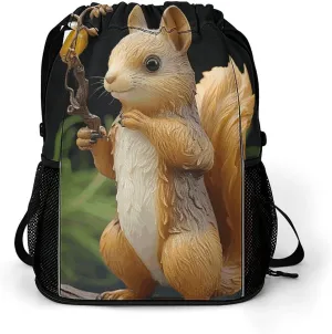 Large Sports Drawstring Backpack Resin Squirrel Printed with Dry-Wet Separation | Digital Print Gym Sack | Waterproof Fabric | Shoe Compartment & PVC Pocket | Hydration Mesh for Fitness, Travel, Work