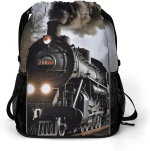 Large Sports Drawstring Backpack Steam Train Printed with Dry-Wet Separation | Digital Print Gym Sack | Waterproof Fabric | Shoe Compartment & PVC Pocket | Hydration Mesh for Fitness, Travel, Work