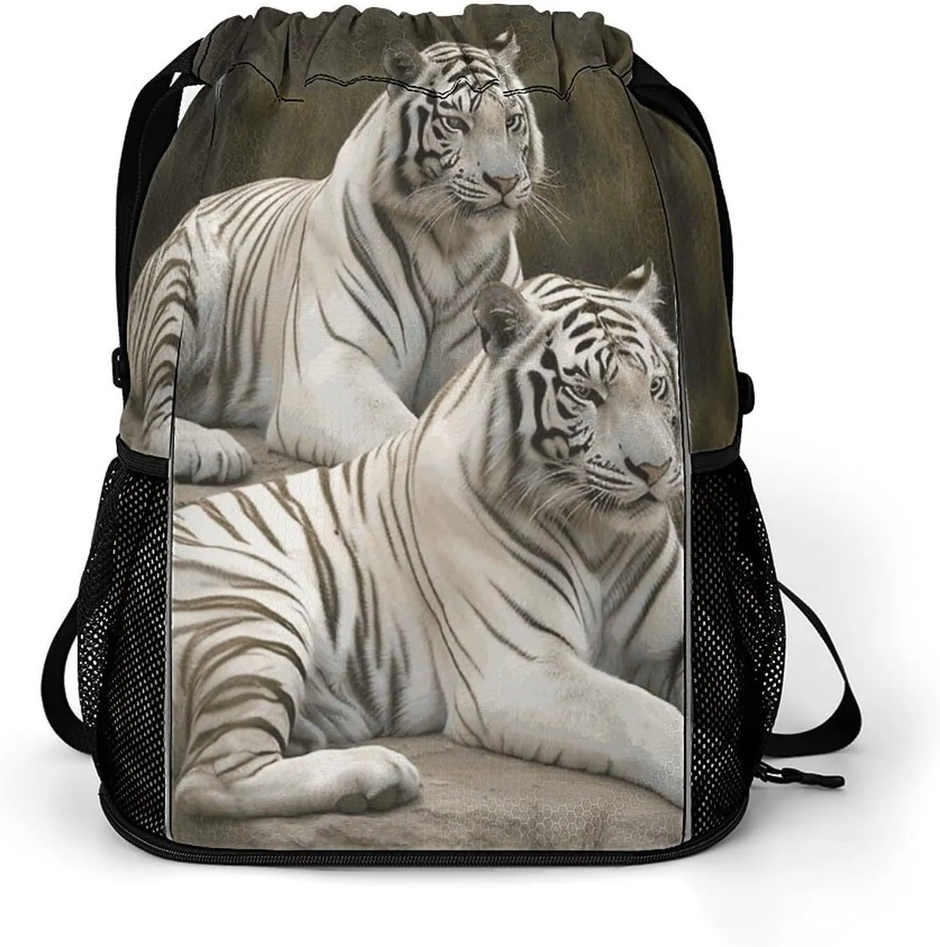 Large Sports Drawstring Backpack White Tigers Printed with Dry-Wet Separation | Digital Print Gym Sack | Waterproof Fabric | Shoe Compartment & PVC Pocket | Hydration Mesh for Fitness, Travel, Work