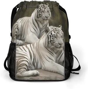 Large Sports Drawstring Backpack White Tigers Printed with Dry-Wet Separation | Digital Print Gym Sack | Waterproof Fabric | Shoe Compartment & PVC Pocket | Hydration Mesh for Fitness, Travel, Work