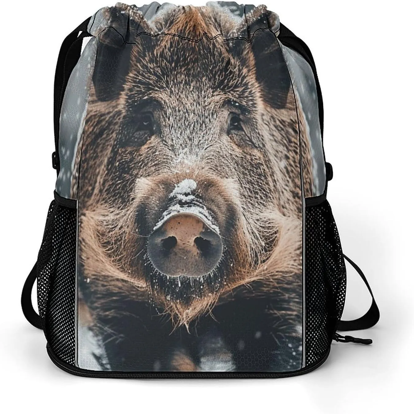 Large Sports Drawstring Backpack Wild Boar Printed with Dry-Wet Separation | Digital Print Gym Sack | Waterproof Fabric | Shoe Compartment & PVC Pocket | Hydration Mesh for Fitness, Travel, Work