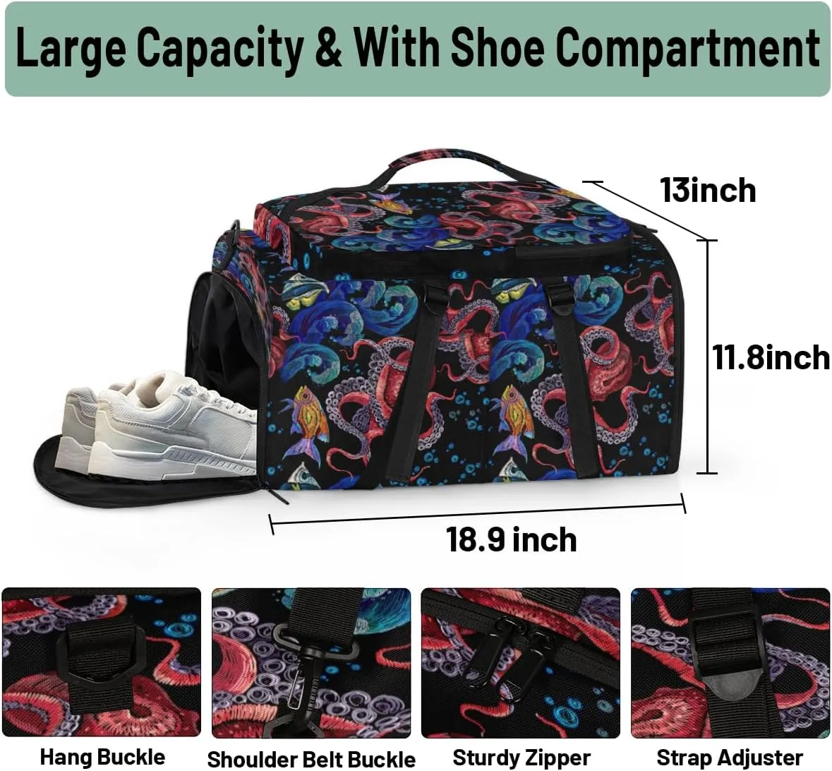 Large Sports Gym Bag With Shoe & Laptop Compartment 47L Waterproof Travel Duffel Bags for Men Women Animal Octopus Luggage Backpack Duffle Bag