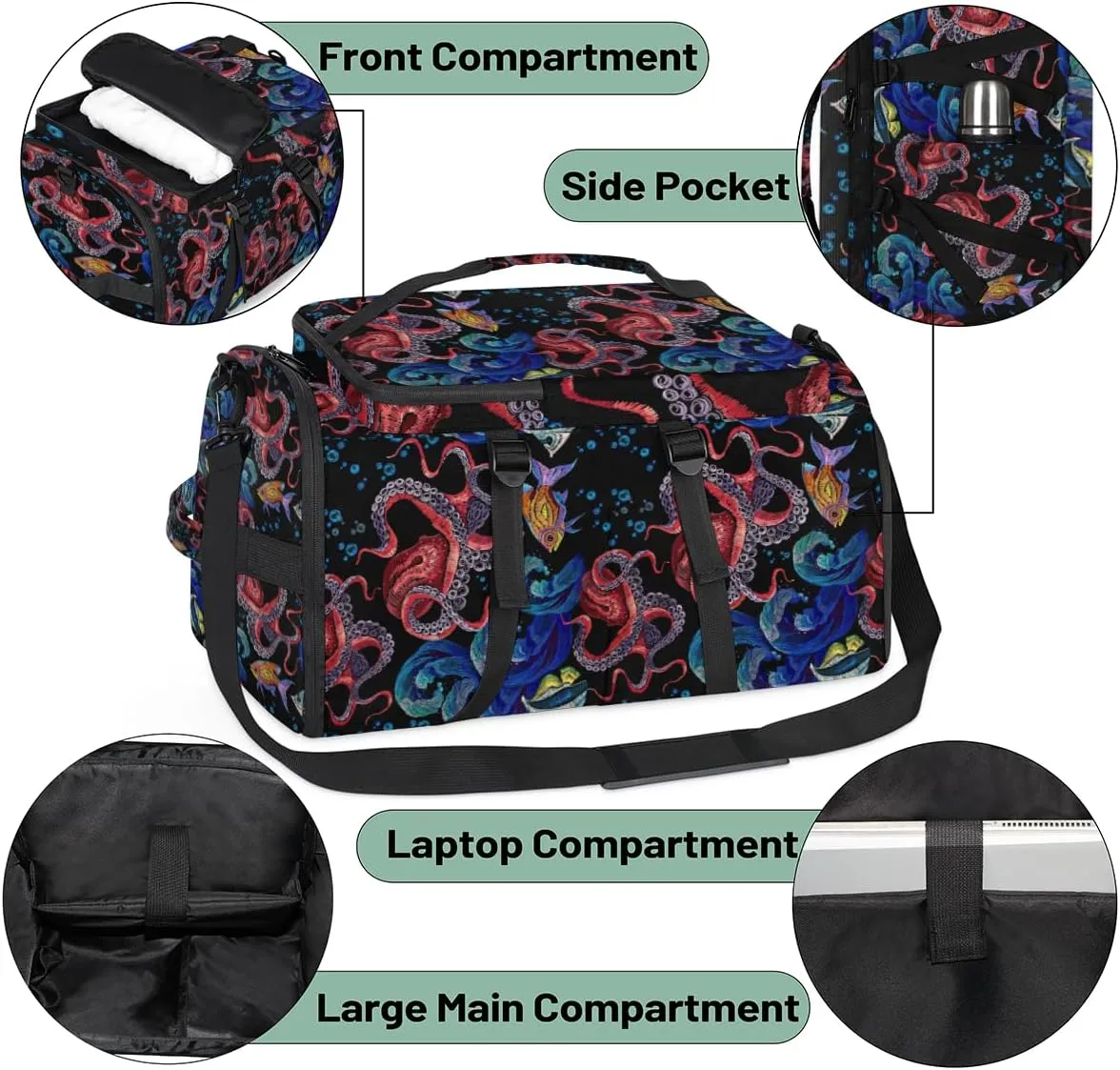 Large Sports Gym Bag With Shoe & Laptop Compartment 47L Waterproof Travel Duffel Bags for Men Women Animal Octopus Luggage Backpack Duffle Bag