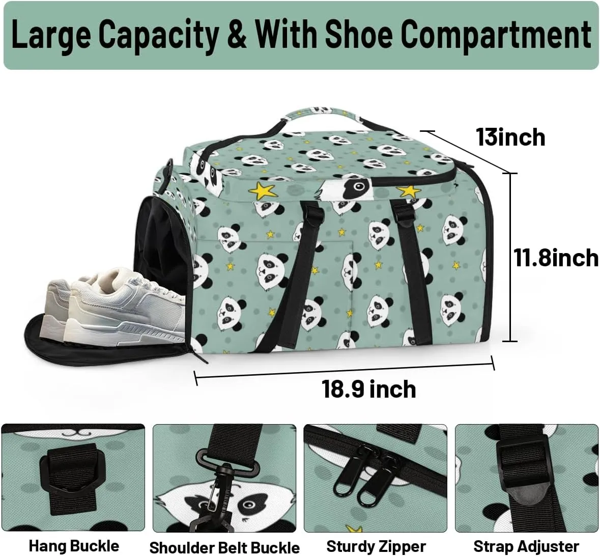 Large Sports Gym Bag With Shoe & Laptop Compartment 47L Waterproof Travel Duffel Bags for Men Women Animal Panda Luggage Backpack Duffle Bag