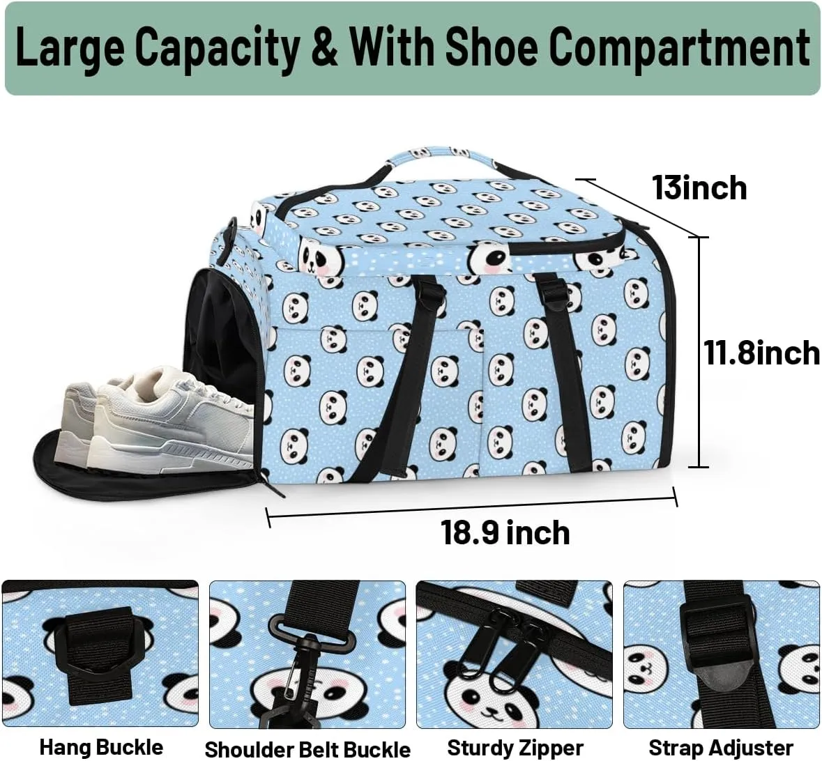 Large Sports Gym Bag With Shoe & Laptop Compartment 47L Waterproof Travel Duffel Bags for Men Women Animal Panda Theme Luggage Backpack Duffle Bag