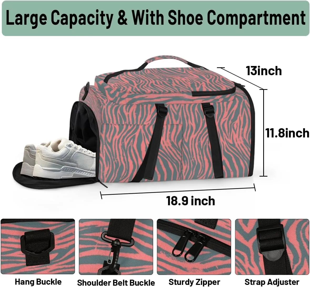 Large Sports Gym Bag With Shoe & Laptop Compartment 47L Waterproof Travel Duffel Bags for Men Women Animal Zebra Luggage Backpack Duffle Bag