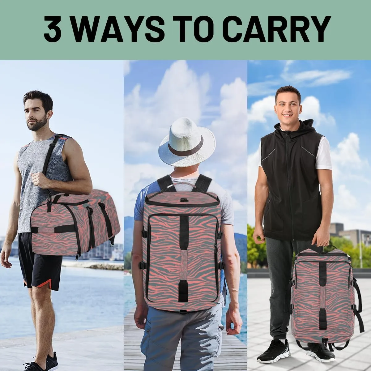 Large Sports Gym Bag With Shoe & Laptop Compartment 47L Waterproof Travel Duffel Bags for Men Women Animal Zebra Luggage Backpack Duffle Bag