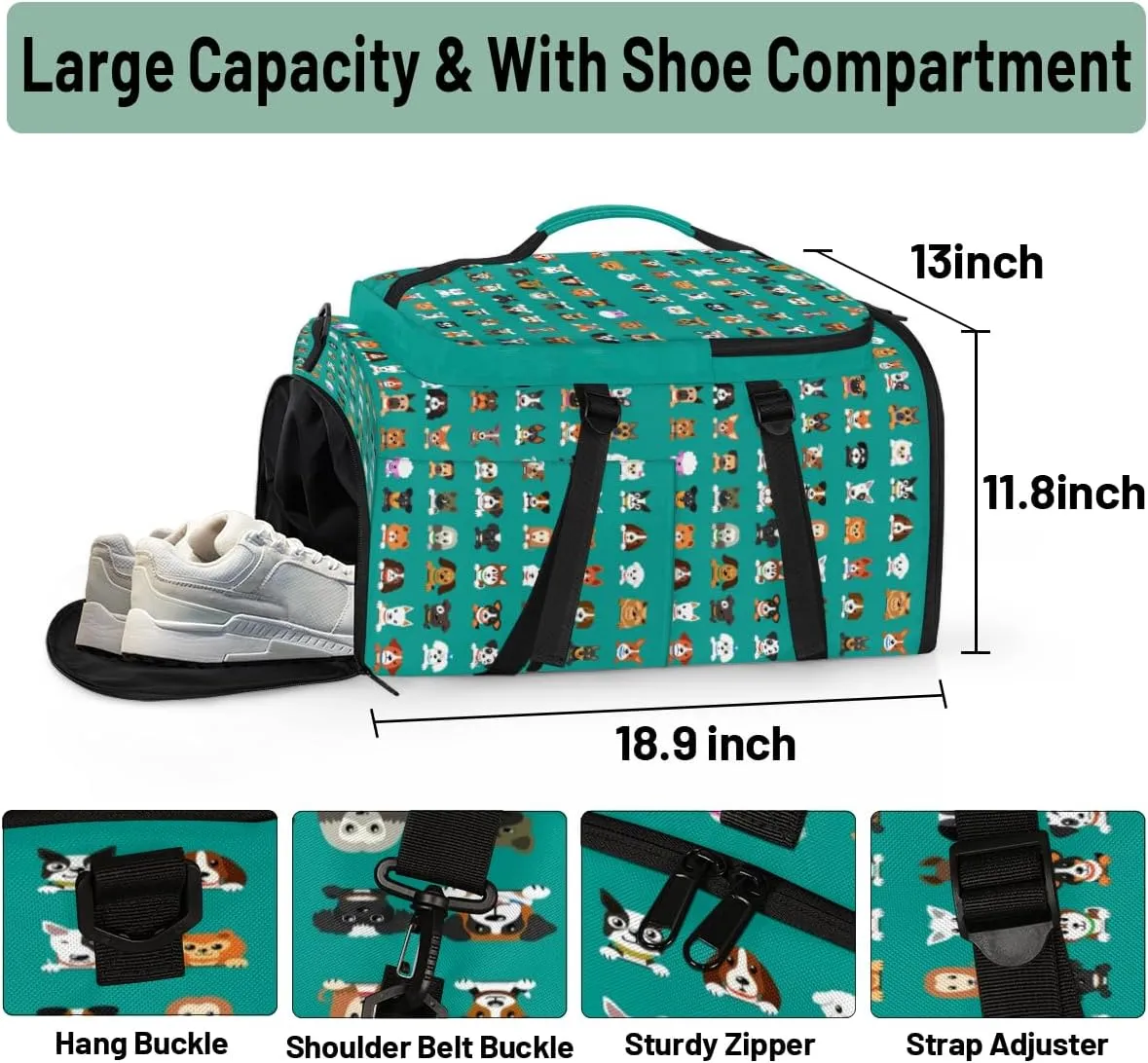 Large Sports Gym Bag With Shoe & Laptop Compartment 47L Waterproof Travel Duffel Bags for Men Women Cartoon Dogs Luggage Backpack Duffle Bag