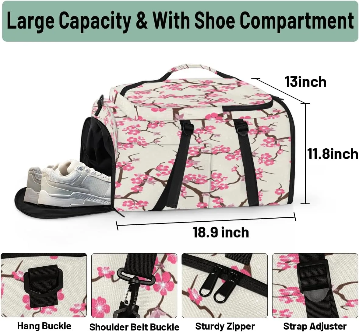 Large Sports Gym Bag With Shoe & Laptop Compartment 47L Waterproof Travel Duffel Bags for Men Women Cherry Blossom Flowers Luggage Backpack Duffle Bag