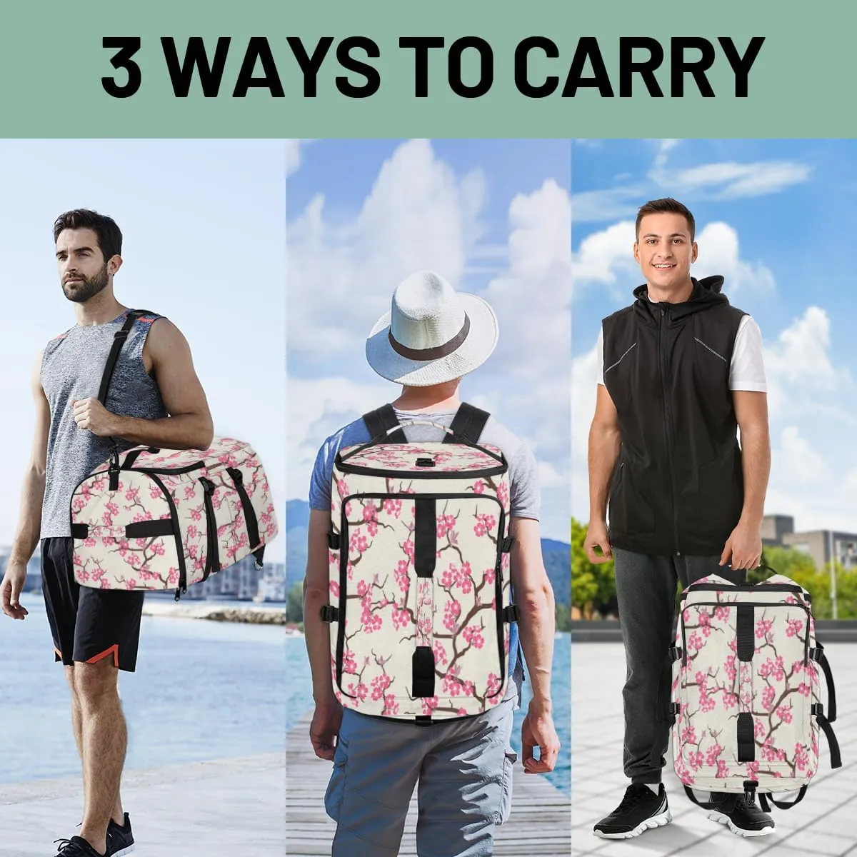 Large Sports Gym Bag With Shoe & Laptop Compartment 47L Waterproof Travel Duffel Bags for Men Women Cherry Blossom Flowers Luggage Backpack Duffle Bag