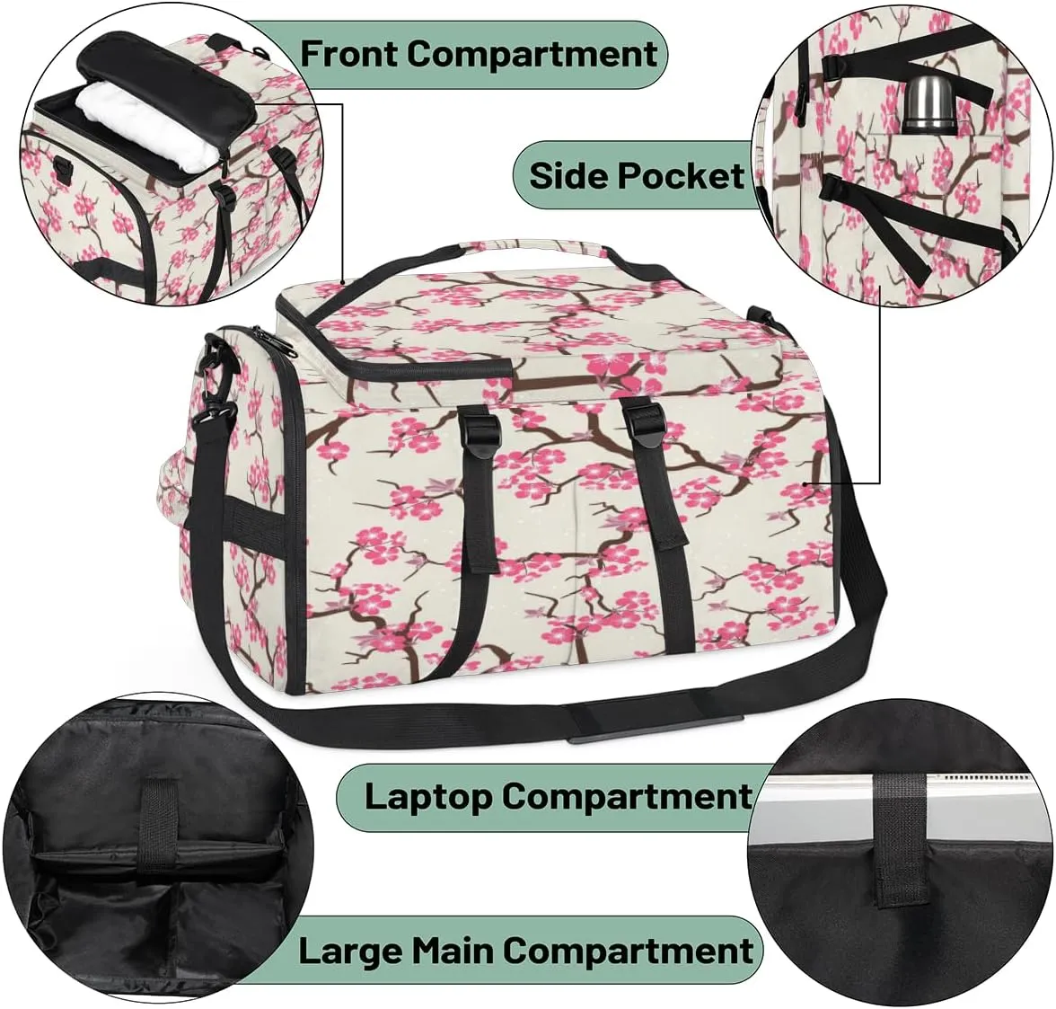 Large Sports Gym Bag With Shoe & Laptop Compartment 47L Waterproof Travel Duffel Bags for Men Women Cherry Blossom Flowers Luggage Backpack Duffle Bag