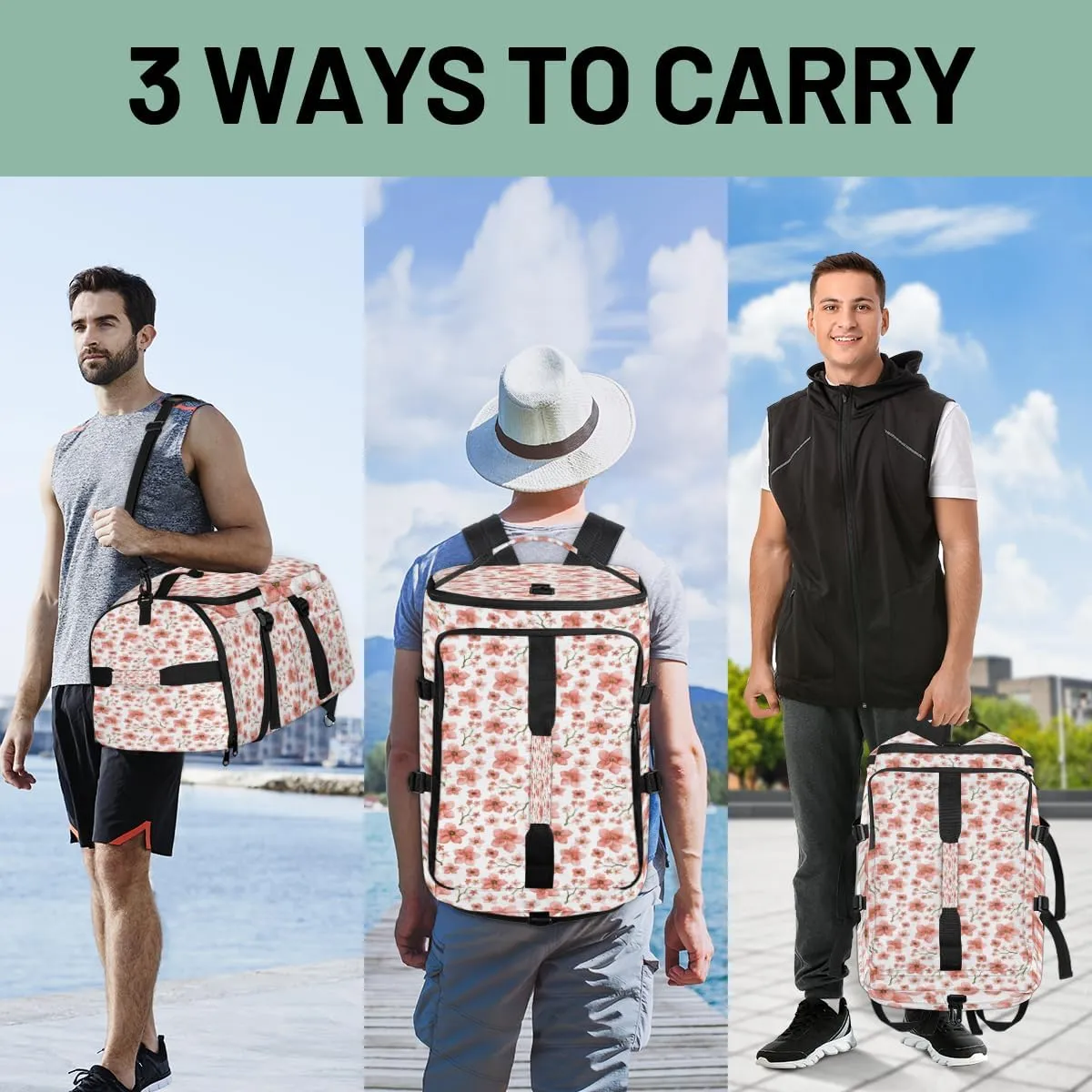 Large Sports Gym Bag With Shoe & Laptop Compartment 47L Waterproof Travel Duffel Bags for Men Women Cherry Blossoms Luggage Backpack Duffle Bag