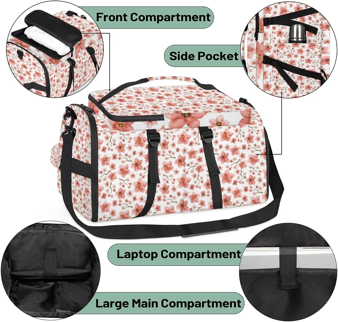 Large Sports Gym Bag With Shoe & Laptop Compartment 47L Waterproof Travel Duffel Bags for Men Women Cherry Blossoms Luggage Backpack Duffle Bag