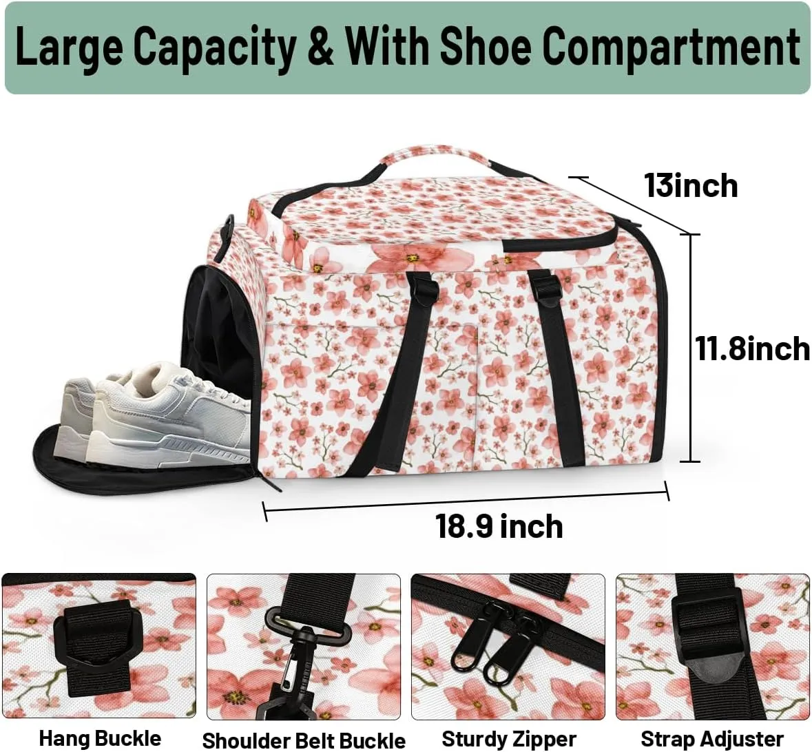 Large Sports Gym Bag With Shoe & Laptop Compartment 47L Waterproof Travel Duffel Bags for Men Women Cherry Blossoms Luggage Backpack Duffle Bag