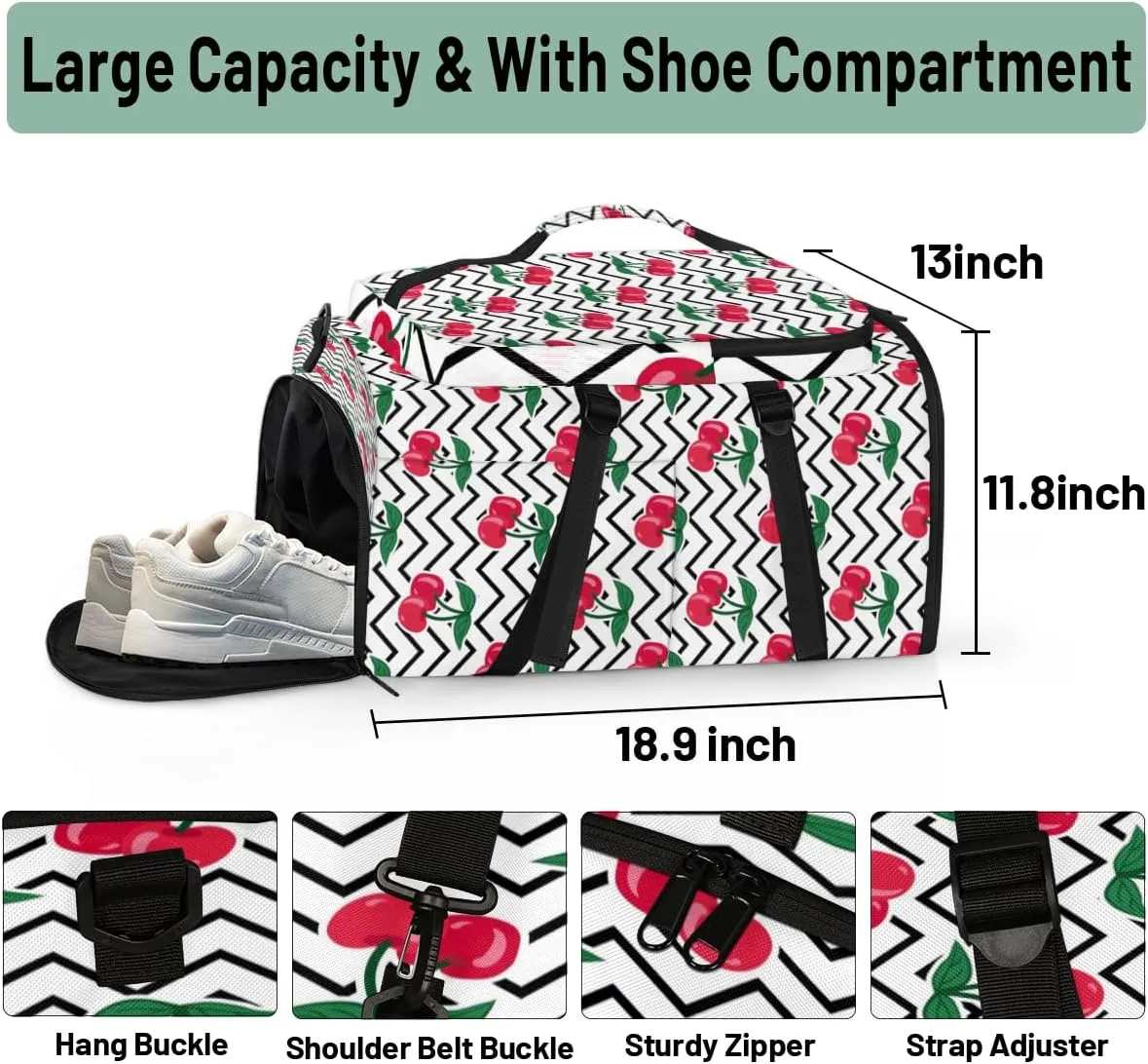 Large Sports Gym Bag With Shoe & Laptop Compartment 47L Waterproof Travel Duffel Bags for Men Women Cherry Luggage Backpack Duffle Bag