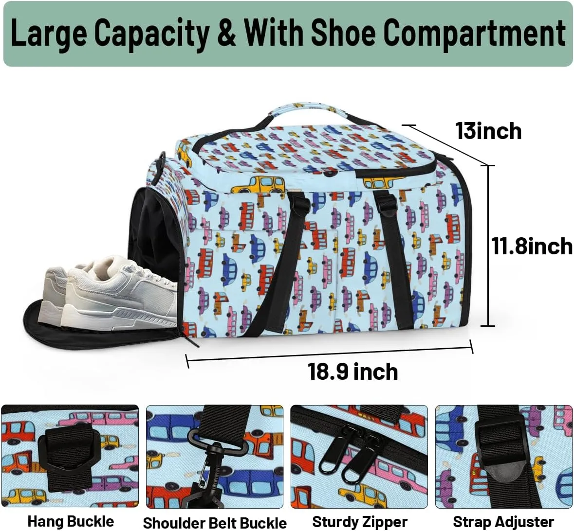 Large Sports Gym Bag With Shoe & Laptop Compartment 47L Waterproof Travel Duffel Bags for Men Women Colorful Cartoon Cars Luggage Backpack Duffle Bag