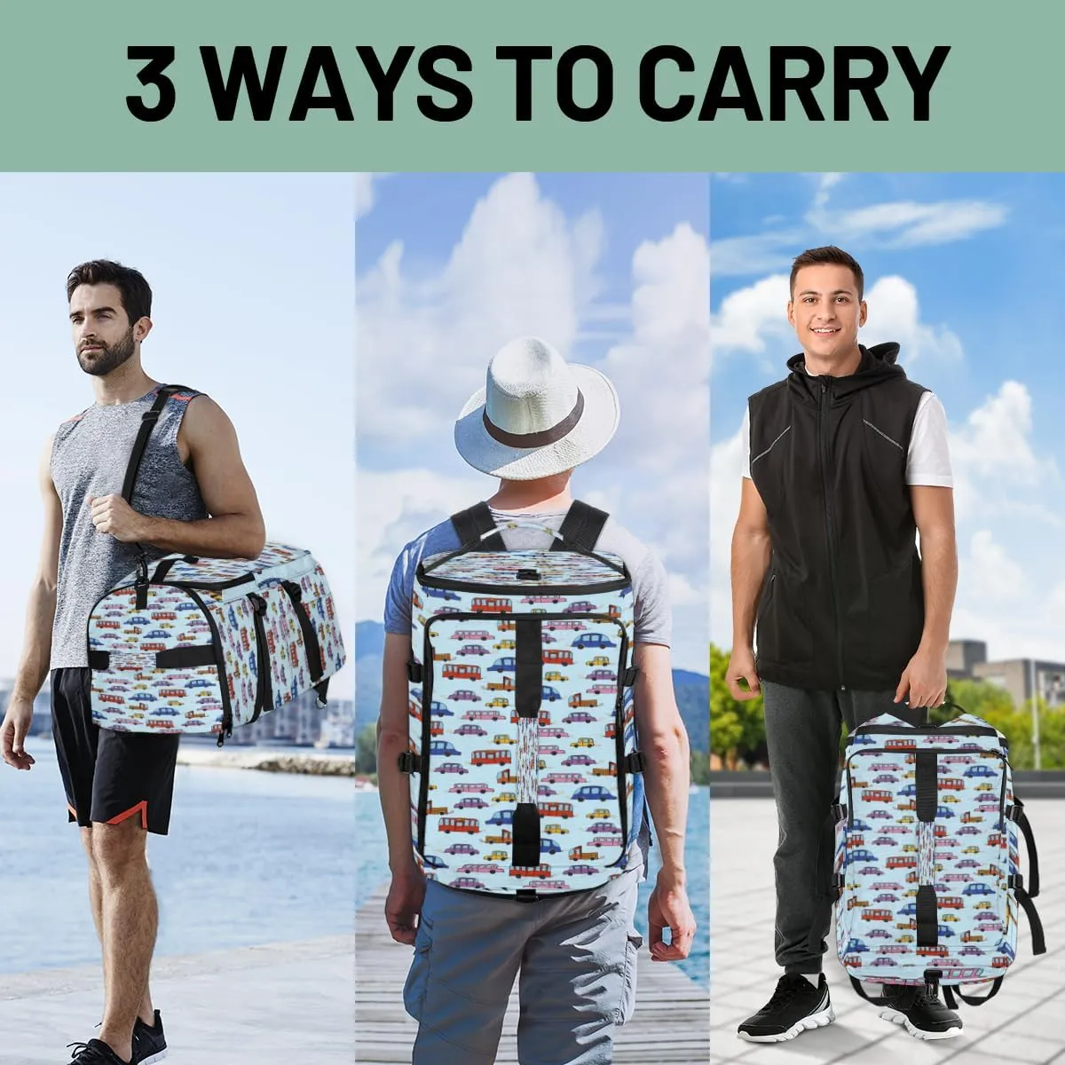 Large Sports Gym Bag With Shoe & Laptop Compartment 47L Waterproof Travel Duffel Bags for Men Women Colorful Cartoon Cars Luggage Backpack Duffle Bag