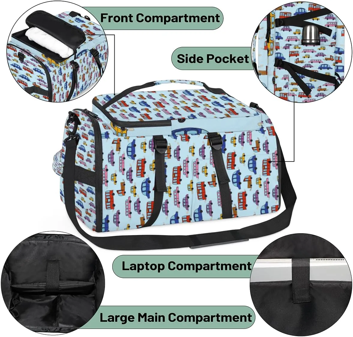 Large Sports Gym Bag With Shoe & Laptop Compartment 47L Waterproof Travel Duffel Bags for Men Women Colorful Cartoon Cars Luggage Backpack Duffle Bag