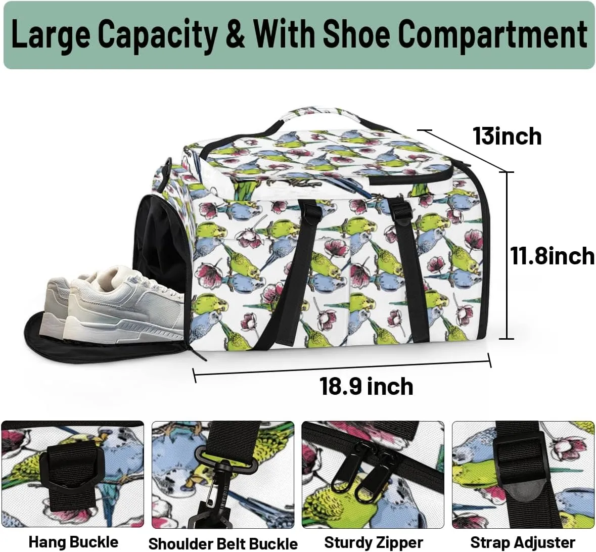 Large Sports Gym Bag With Shoe & Laptop Compartment 47L Waterproof Travel Duffel Bags for Men Women Couple Parrot Luggage Backpack Duffle Bag