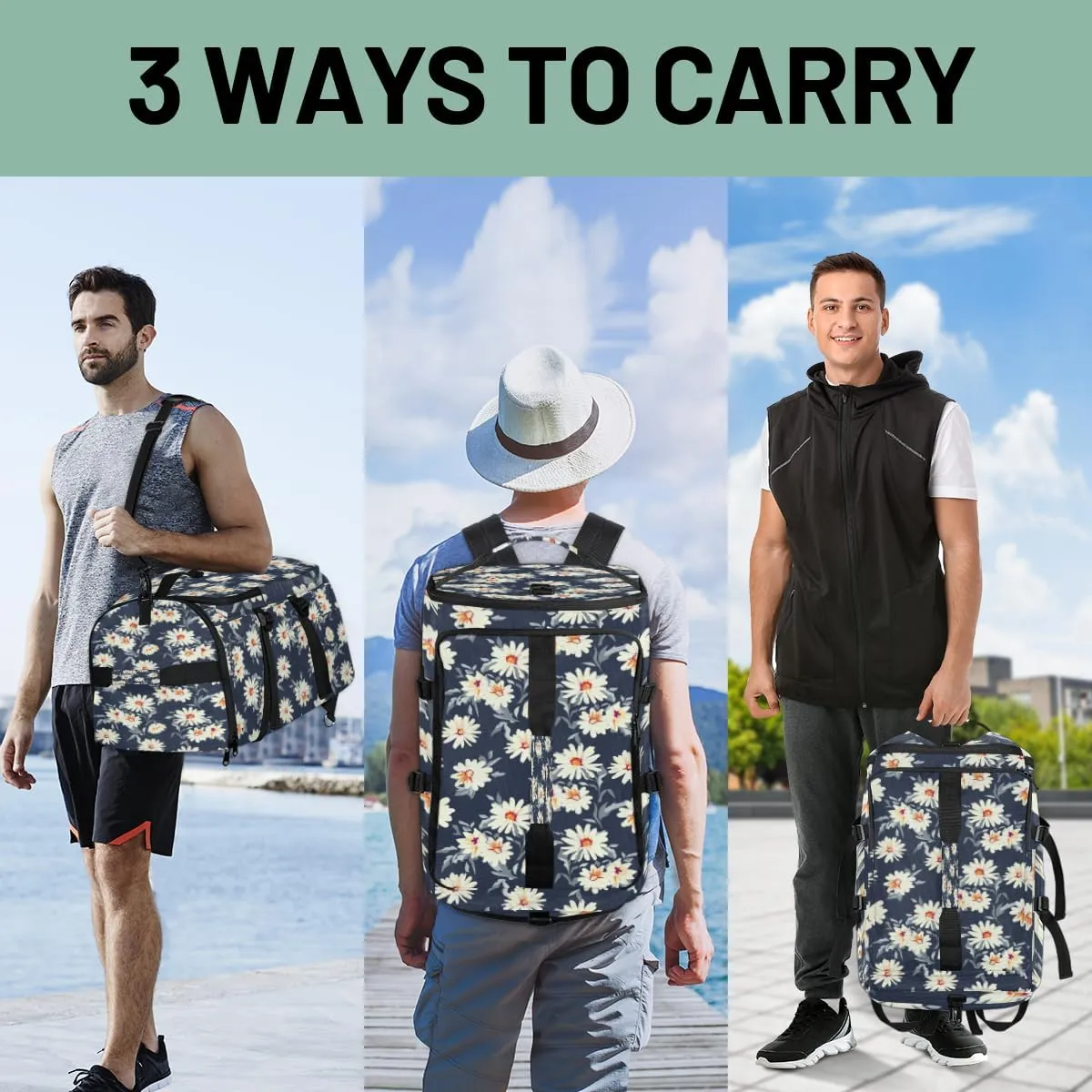 Large Sports Gym Bag With Shoe & Laptop Compartment 47L Waterproof Travel Duffel Bags for Men Women Daisy Plant Luggage Backpack Duffle Bag