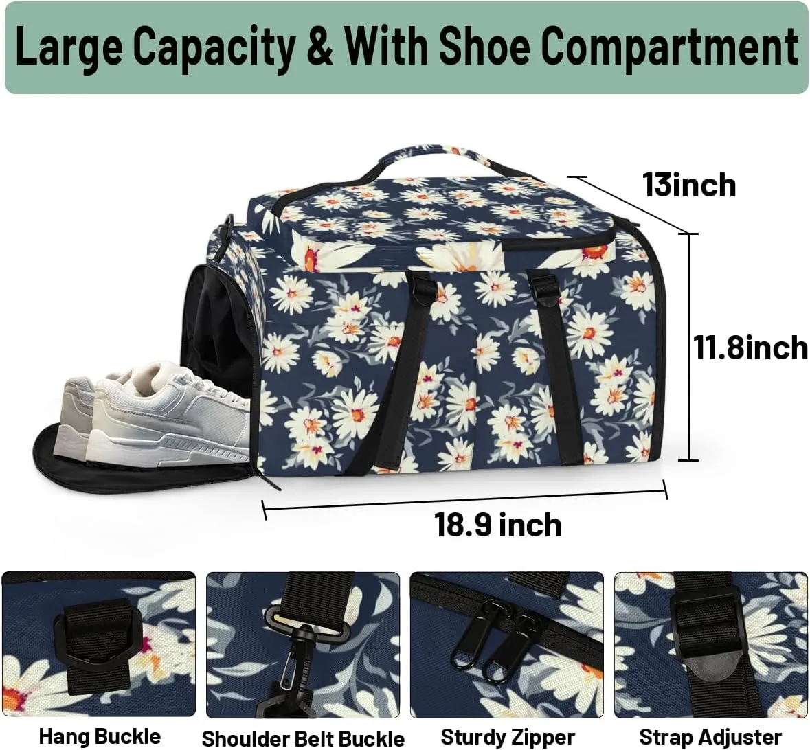 Large Sports Gym Bag With Shoe & Laptop Compartment 47L Waterproof Travel Duffel Bags for Men Women Daisy Plant Luggage Backpack Duffle Bag
