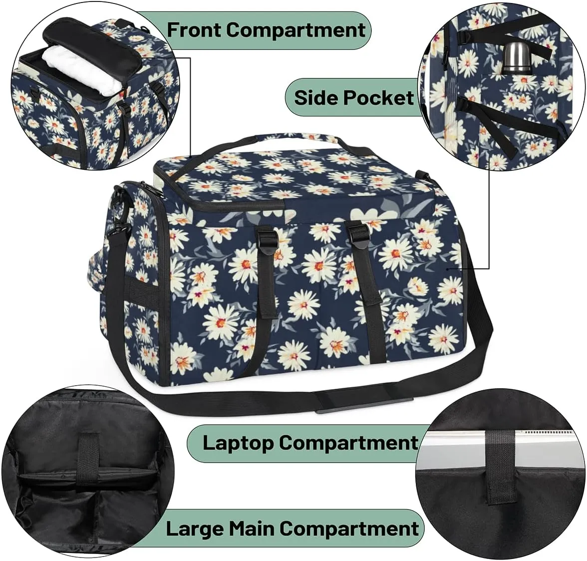 Large Sports Gym Bag With Shoe & Laptop Compartment 47L Waterproof Travel Duffel Bags for Men Women Daisy Plant Luggage Backpack Duffle Bag